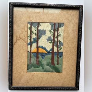 Vintage crewel green and brown tree framed art.